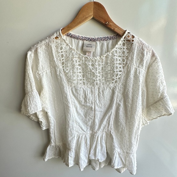 Knox Rose Eyelet Top Ruffle Hem Classic White Boho Small Baby Doll Chic Femine - Picture 10 of 13